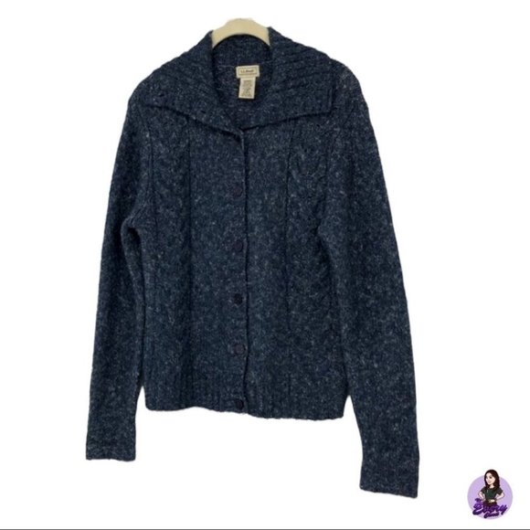 Vintage LL Bean Blue marled wool blend cable knit button down sweater - Picture 1 of 14